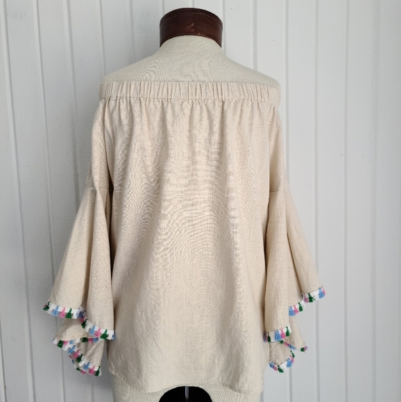 Women's Medium Off the Shoulder Multi ColorTassel Casual Linen Blend Top - Picture 5 of 7